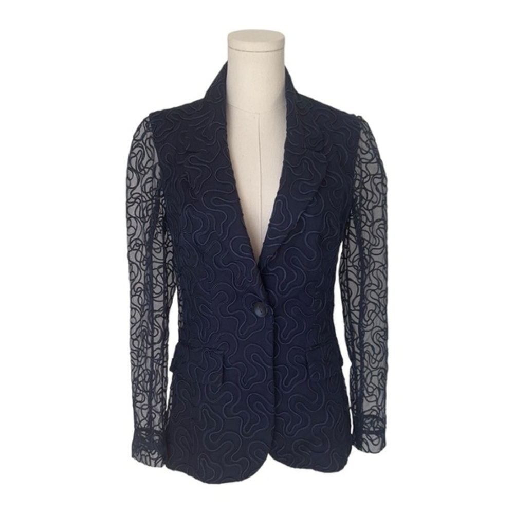 ANNE FONTAINE ✘ Cidonie Swirled Embellished Overcoat Patterned Blazer, Navy Blue